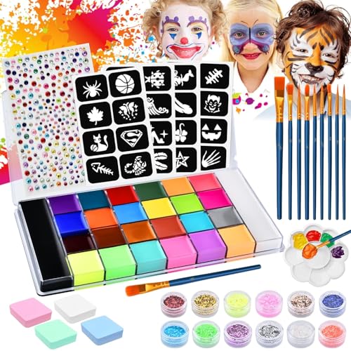 DazSpirit Körperfarben, Farben Kinderschminke Set Mit Palette, Bodypainting Farben Für Theaterschminke Faschingschminke Halloween Party (26 Farben)
