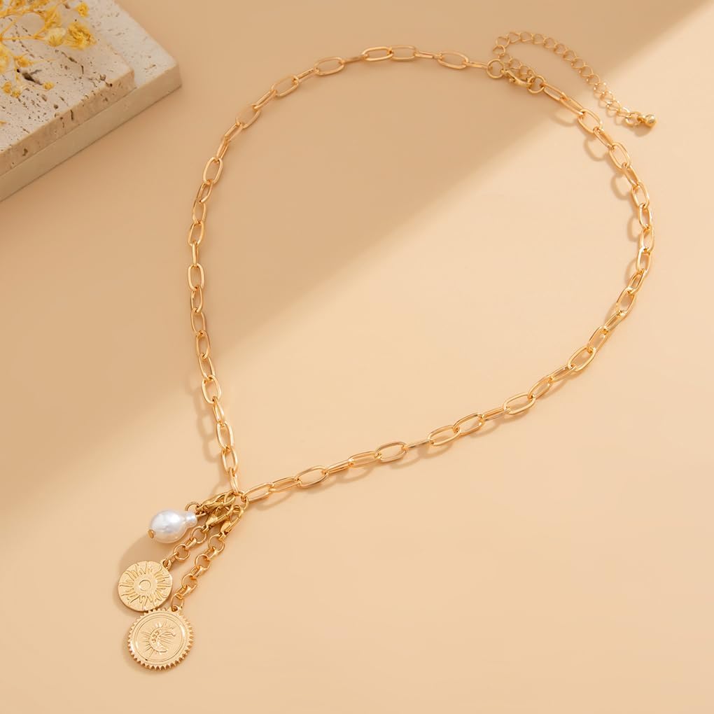 Gold Charm Necklace for Women Vintage Boho Pearl Coin Pendant Necklace Adjustable Sun Moon Paperlicp Chain Necklace Trendy Costume Jewelry Gifts - Image 6