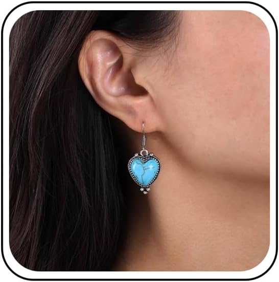 Bohemian Turquoise Heart Dangle Earrings Silver Turquoise Drop Earrings Turquoise Stone Heart Hook Earrings Blue Gemstone Heart Earrings Jewelry for Women Gifts