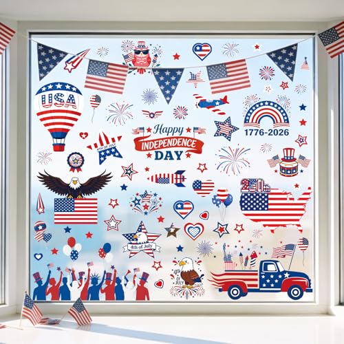 Image of 9 Sheets 4th of July Window Clings, Patriotic Red White and Blue Window Stickers with USA Flag, Eagle, Reusable Static Decals for 250th Anniversary Independence Day, Memorial Day
