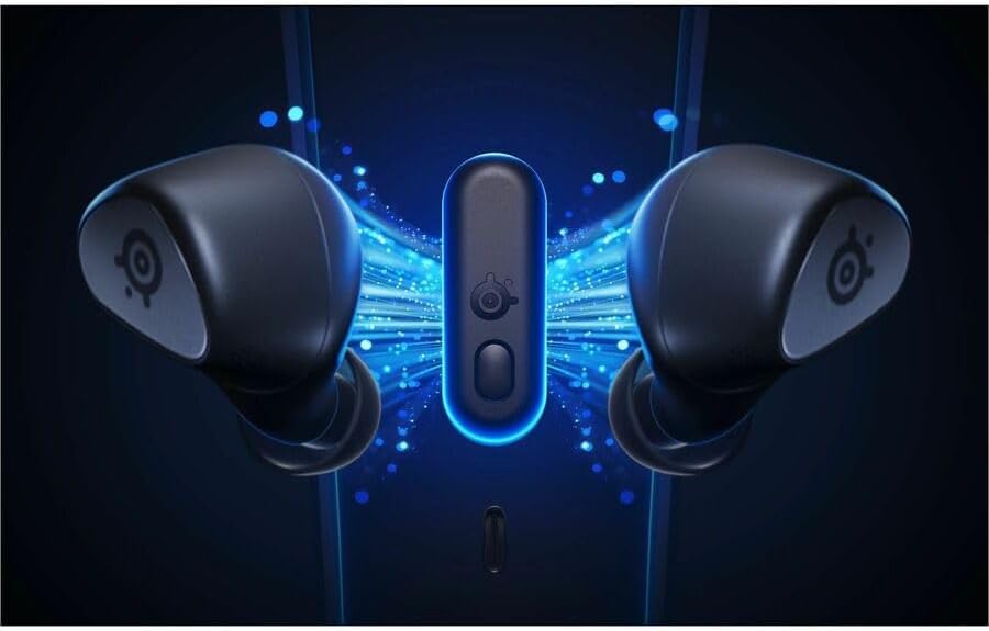 SteelSeries Arctis GameBuds and USB-C dongle with blue light trails indicating wireless connection.