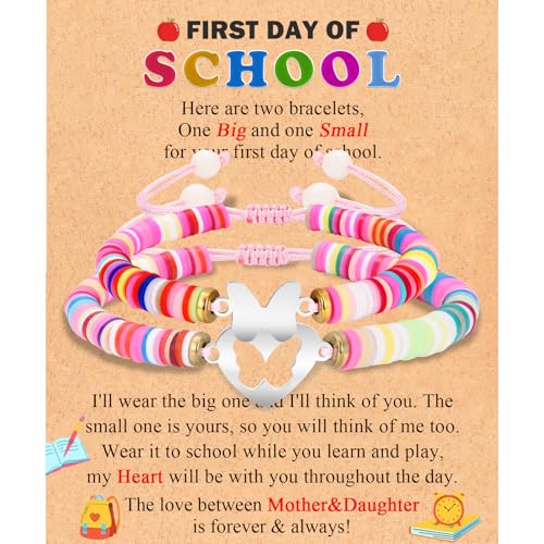 Image of Back to School /First Day of School Bracelet Gifts, First Day of Kindergarten Preschool First /Second Grade Bracelet Gifts, Set of 2 Colorful Matching Butterfly Bracelet for Mom and Daughter