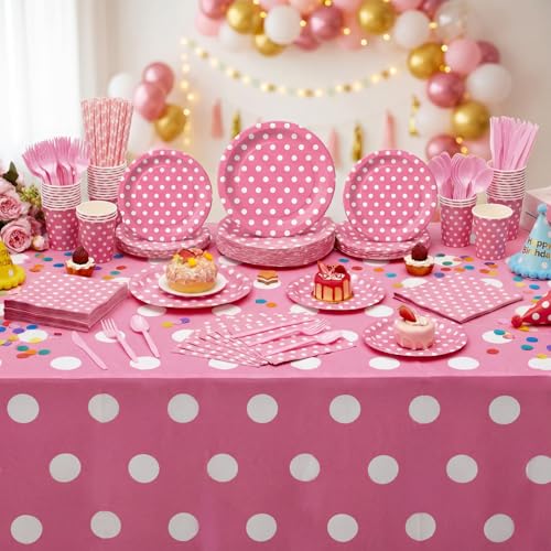 Image of Funnymoom 452 Pcs Pink Polka Dot Party Supplies for 50, Pink and White Polka Dot Paper Plates Napkins Cups Tablecloth Cutlery Straws for Mouse Birthday Carnival Family Picnic Barbecue Party Decoration