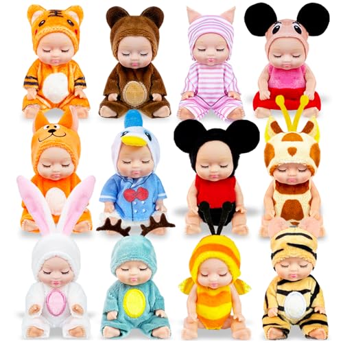 Muiyaneq 12 Pcs Mini Baby Dolls,4 inch Lifelike Realistic Tiny Baby Dolls with Animal Clothes,Cute Baby Doll Gifts for Girls Kids Birthday Baby Shower