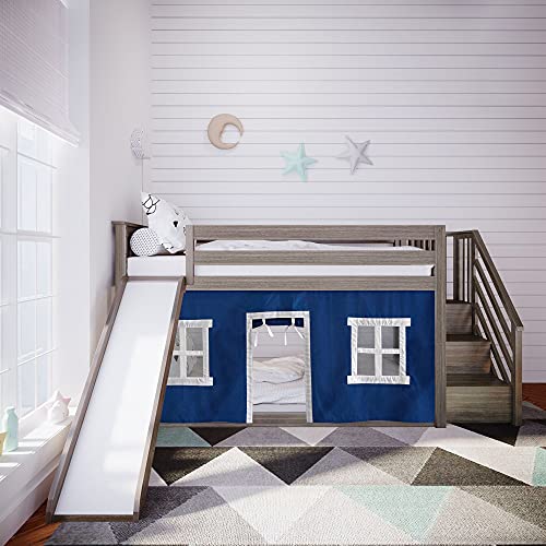 Max & Lily Low Bunk Bed, Twin-Over-Twin Bed Frame For Kids With Stairs, Slide, And Curtains For Bottom, Clay/Blue #TOP15