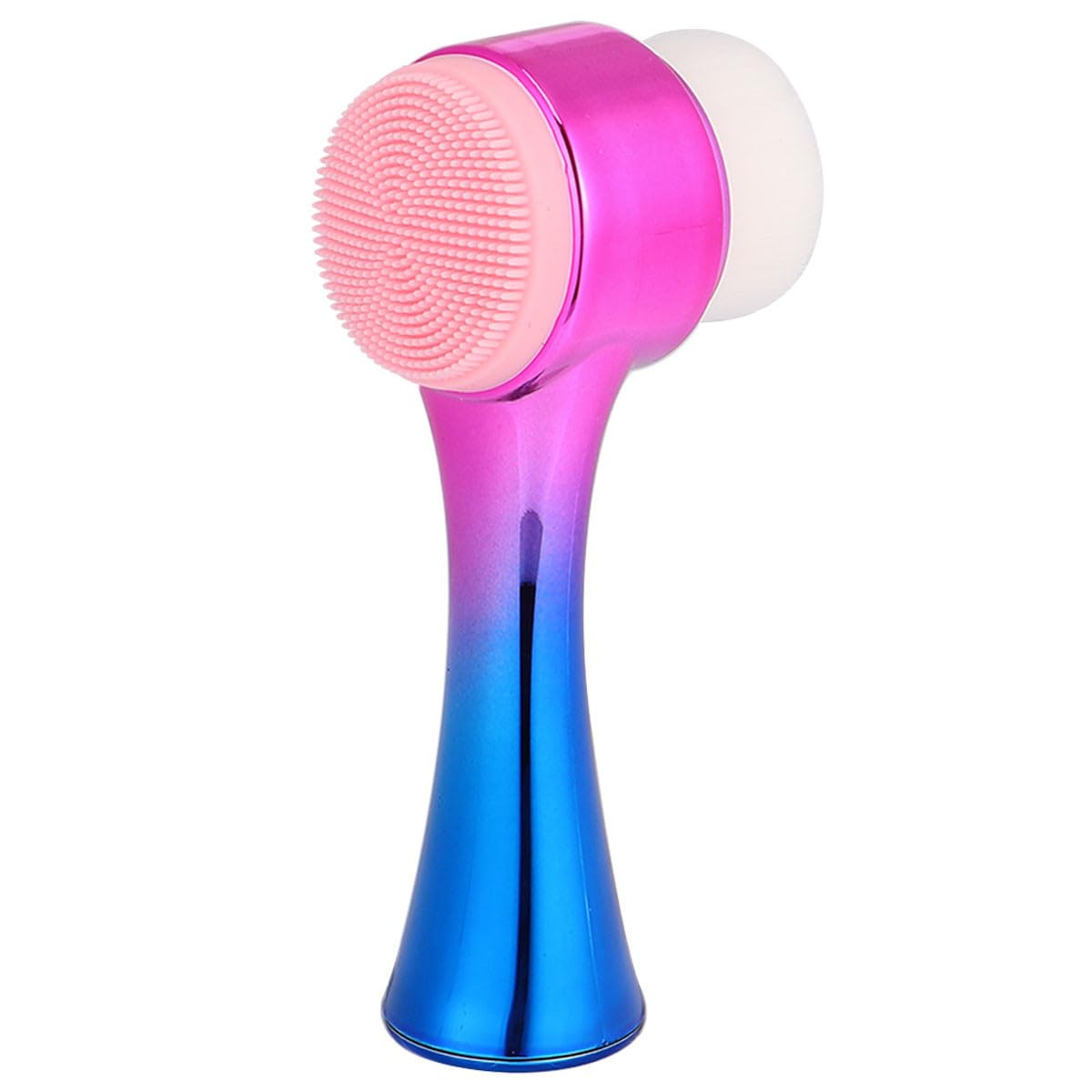 Double-Sided Manual Facial Cleansing Brush with Electroplated Handle, Silicone Face Cleaner for Deep Pore and Blackhead Cleansing, Gradient Blue-Pink Color, Suitable for Daily Skin
