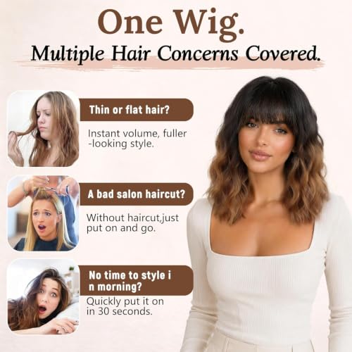 Image of Nnzes Wig with Bangs for Women Short Bob Wavy Charming Synthetic Dark Blue Wigs with Natural Shoulder Length Curly Heat Resistant Hair for Daily Party Use