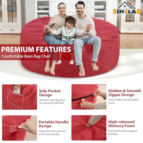 6FT Bean Bag Chair, Large Bean Bag Chairs with Memory Foam Filled, Fluffy Beanbag Sofa with Dutch Velvet Cover, Round BeanBag Chairs for Living Room, Playroom - Red