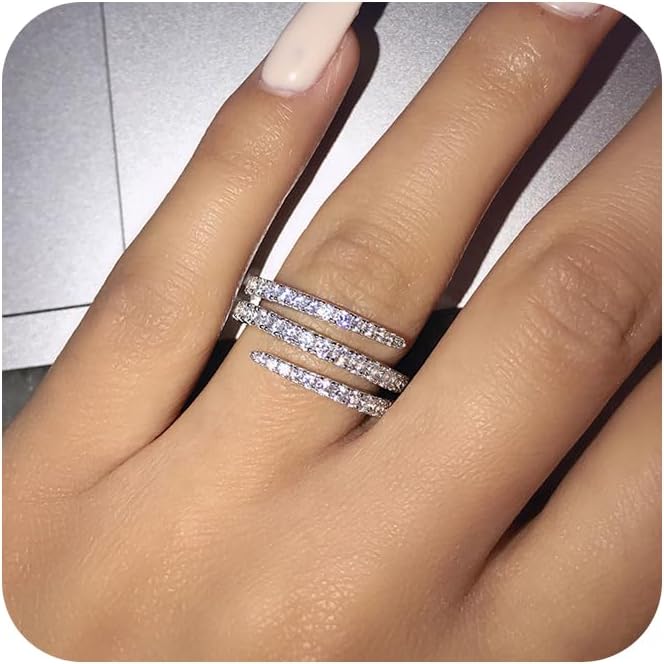 RKKOJJO 925 Sterling Silver Shiny Full Diamond Ring Three Rows Cubic Zirconia Cocktail Rings CZ Diamond Multi Row Ring Eternity Engagement Wedding Band Ring for Women Size 9