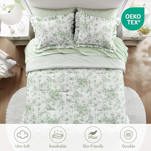 Image of Madison Park Essentials Adele Green Floral King Size Comforter Set - Vintage Bed in a Bag with Sheets, Reversible Ruffle Bedding, Elegant Gift for Her