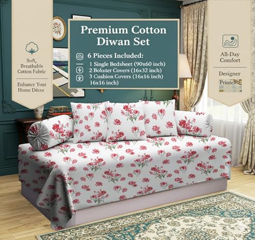 Image of IVAZA 240 TC Soft Ezyption diwan Cover Set Cotton 6 Pieces Designer Printed Standard diwan Cover Set (1 Single Bedsheet, 2 Bolster Covers, 3 Cushion Covers) Red White