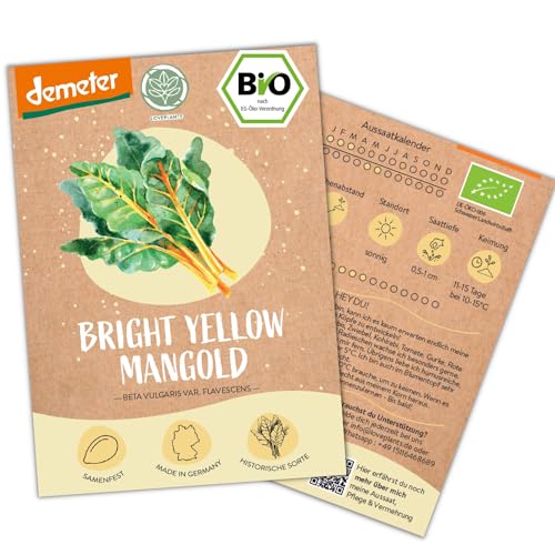 BIO Mangold Samen, 50 Mangoldsamen, hohe Keimrate, Demeter zertifiziert & samenfest | Gemüse Saatgut von LOVEPLANTS, Bunter Bright Yellow Samen für Balkon, Garten, Hochbeet – alte Gemüsesorten