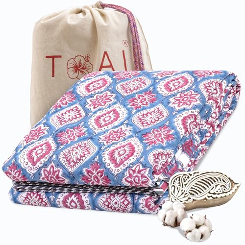 Image of TOAIArt Premium Jaipuri Dohar | AC Blanket Summer Quilt | Hand Block Printed | 3 Layers | Reversible | 150GSM 100% Mulmul Cotton | 100% Cotton Flannel Filling | Single 60 inch X 90 inch |Spanish Villa