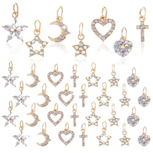 AHANDMAKER 42Pcs Silver Rhinestone Charms Set for DIY Jewelry Making, Heart Star Cross Moon Mixed Metal Charms Pendants for DIY Necklace Bracelet Earrings Keychains Craft