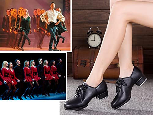 WUIWUIYU Women's Men's Black Tap Shoes Lace-Up Heels Split Sole Jazz Dance Shoes for Adult3