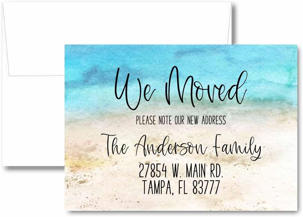 Beach Moving Announcement, Moved to The Beach Moving Cards, Watercolor Personalized We've Moved Stationery, Ocean Address Card, Sand & Waves Change of Address Greeting Card with Envelopes