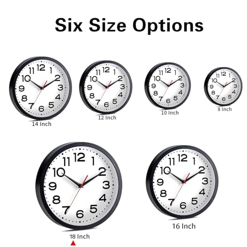 Image of Roymnie 18 Inch Wall Clock, Battery Operated Silent Non Ticking Black | analog wall clock; bold numerals for easy reading; silent non-ticking; 1 AA battery (not included); for classroom