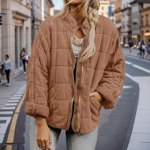 Womens Quilted Jackets Lightweight Zip Up Long Sleeve Stand Collor Coat Winter Warm Outwears with Pockets2