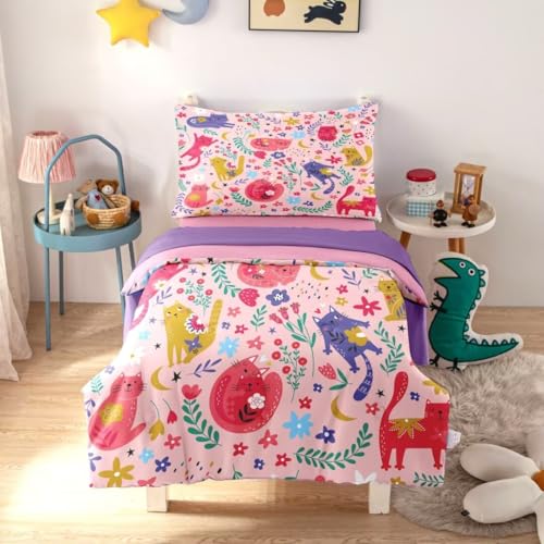 BELVED MIME 4 Piece Pink Toddler Bedding Sets for Girls, Cute Floral Cat Toddler Comforter Sets for Girls,Ultra Soft Toddler Cat Bed Set Includes Comforter, Flat Sheet, Fitted Sheet, Pillowcase