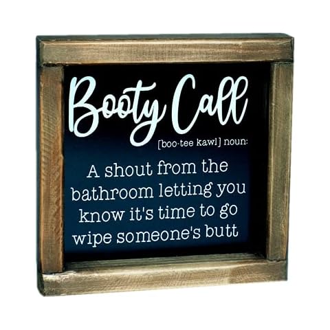 SIMPLY ANI Booty Call-Funny Farmhouse Bathroom Signs Decor, Rustic Bathroom Wall Decor Sign, Cute Mini Half Bath Signs, Bathroom Shelf Decor, Kids Bathroom Decor with Funny Quote,7x7 Inch Cover