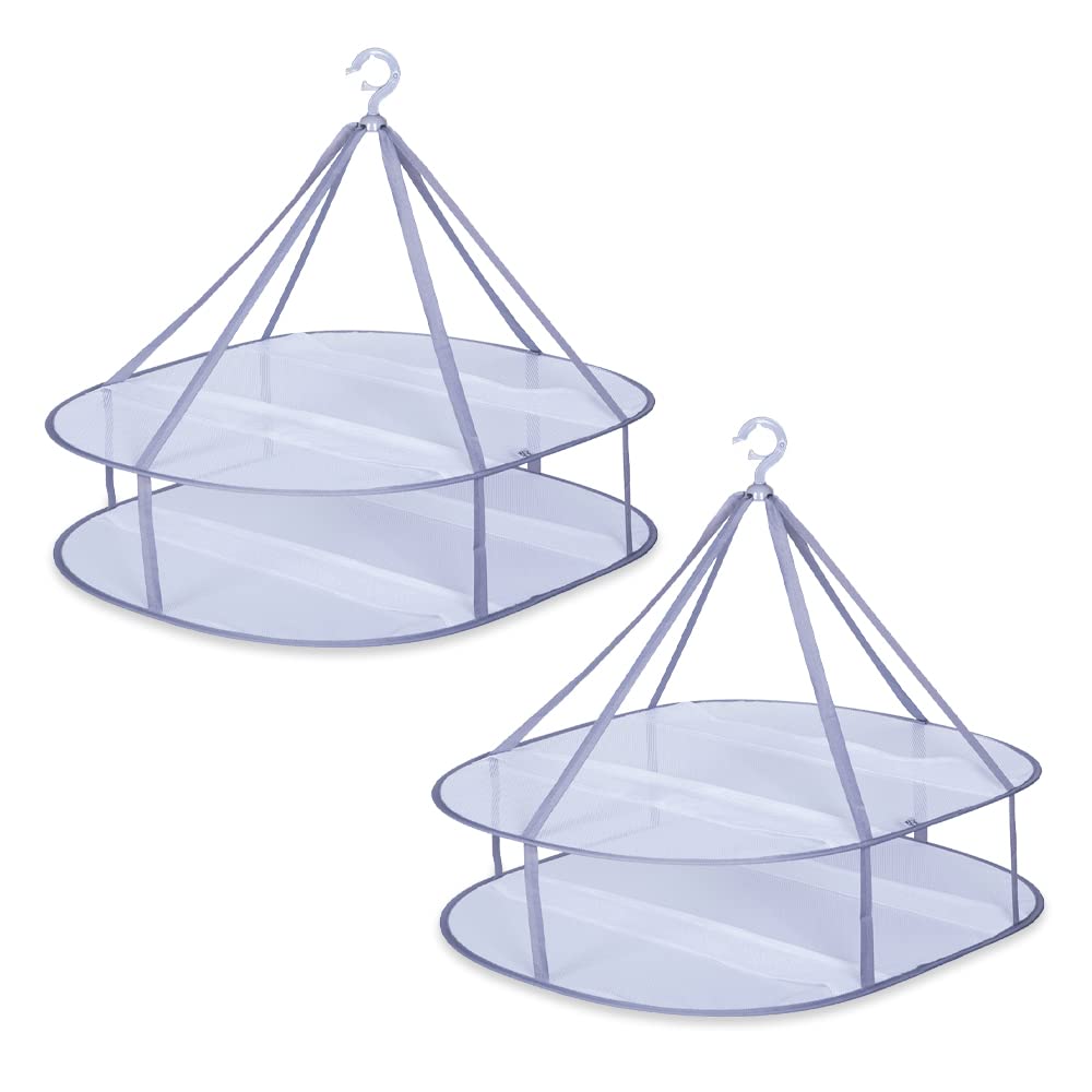 Folding Mesh Clothes Drying Rack, SNOMEL Windproof Sweater Cloth Dryer with Fixing Band, Collapsible Hanging Laundry Rack for Sweater, Outdoor, Indoor, Potable (2, 2 Tier)