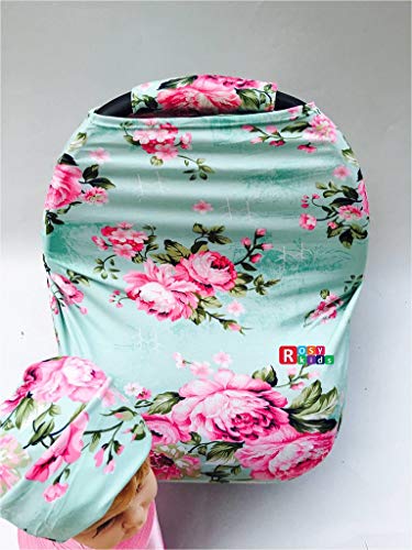 Image of Rosy Kids Stretchy Infant Car Seat Canopy Cover, Jersey Car Seat Cover Elastic Nursing Scarf Privacy Cover with Matching Car Seat Handle Cover and Baby Hat, Color23DR19