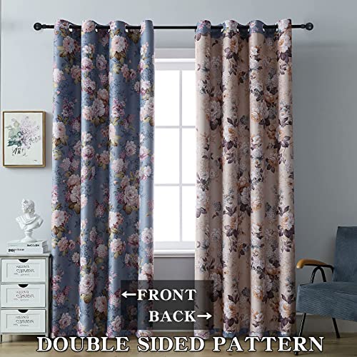 Suouo Double Sided Floral Blackout Curtains For Bedroom Thermal Insulated Room Darkening Window Drapes For Living Room 2 Panels 52 X 84 Inches Long Vintage Flower Blue #TOP6