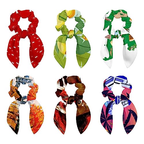 6PCS Hair Scarf Scruncheis for Women Girls, Ribbon Bow Elastic Hair Ties Bands Satin Hair Ribbon Scrunchy Ponytail Holder Accessories,Green Palm Leaves Yellow Lemons