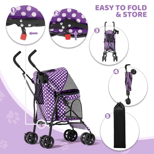 Image of Magshion Compact Fold Pet Travel Stroller for Small Dogs Cats, Purple