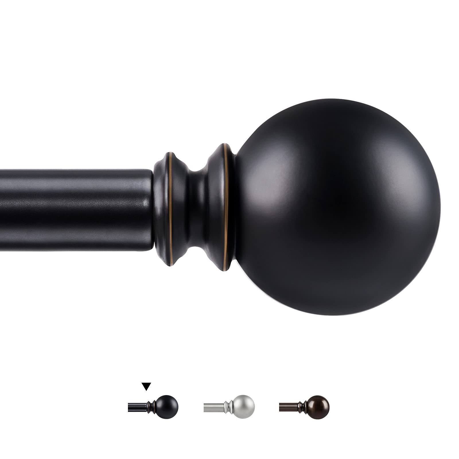 KAMANINA 1 Inch Curtain Rod Telescoping Single Drapery Rod 36 to 72 Inches (3-6 Feet), Round Finials, Black