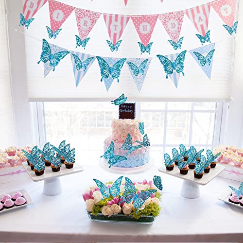 60 Pcs 3D Sequined Cyan Butterfly Wall Decor, 5 Styles 3 Sizes,Butterfly Cake Decorations Iridescent,Metallic Room Mural Wall Stickers For Bedroom Home, Ofice, Party Decor (Sequined Cyan) #TOP1