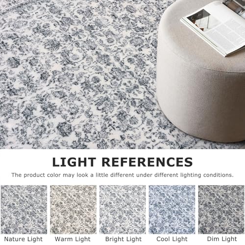 2x6 Grey Blue Washable Runner Rug for Hallways, Soft Neutral Vintage Kitchen Rugs with Non-Slip, Non-Shedding Distressed Floral Rug for Bedroom Kitchen Porch Laundry Entryway