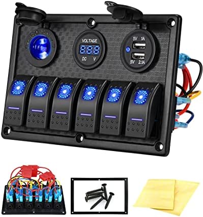 Kohree 6 Gang Marine Boat Rocker Switch Panel, 12V Waterproof RV Led Switch Panel for Car Truck Marine Boat, Digital Voltmeter Display QC3.0 Dual USB Charger Port DC 12 Volt Socket 12/24V Blue Lighted