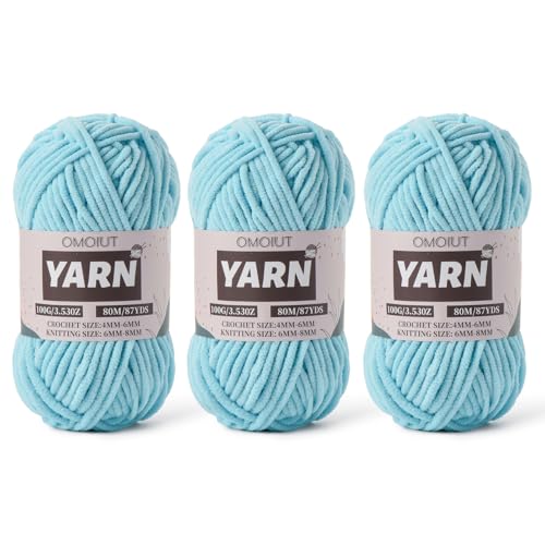 Image of Fluffy Chenille Yarn for Crocheting - Baby Yarn for Crocheting Soft Blanket - 3 Pack of 100g /(87.4yds) Crochet Amigurumi Chunky Yarns - Super Bulky 5 Velvet Yarns (3 Azure)