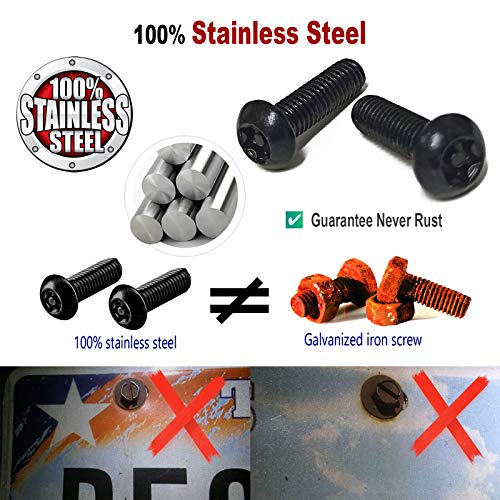 Zxfoog Anti Theft Black License Plate Screws Bolts- Rustproof Stainless Steel Fasteners For Locking Rear Car Tag Frame Holder, 1/4" (M6) Security Plate Mounting Hardware Kit- Screws Caps Cover, Nut #TOP1