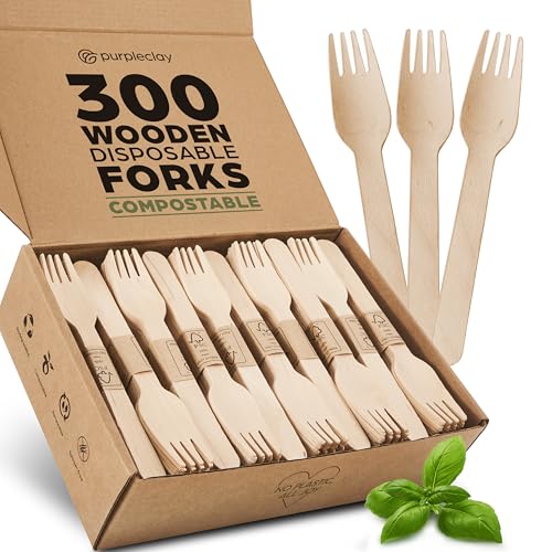 PURPLECLAY Wooden Disposable Forks (300 PCS) FSC Certified Wood Compostable Forks Eco-Friendly Compostable Utensils for Party Plastic-Free Wood Utensil Bamboo Utensils Alternative Fork for Eating