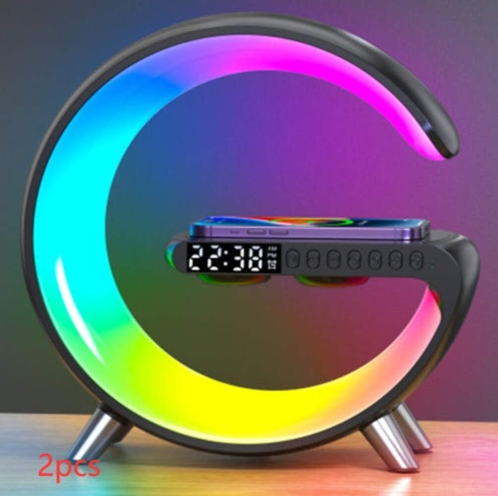 New Intelligent G Shaped LED Lamp Bluetooth Speake Wireless Charger Atmosphere Lamp App Control For Bedroom Home Decor Wood color US image 4