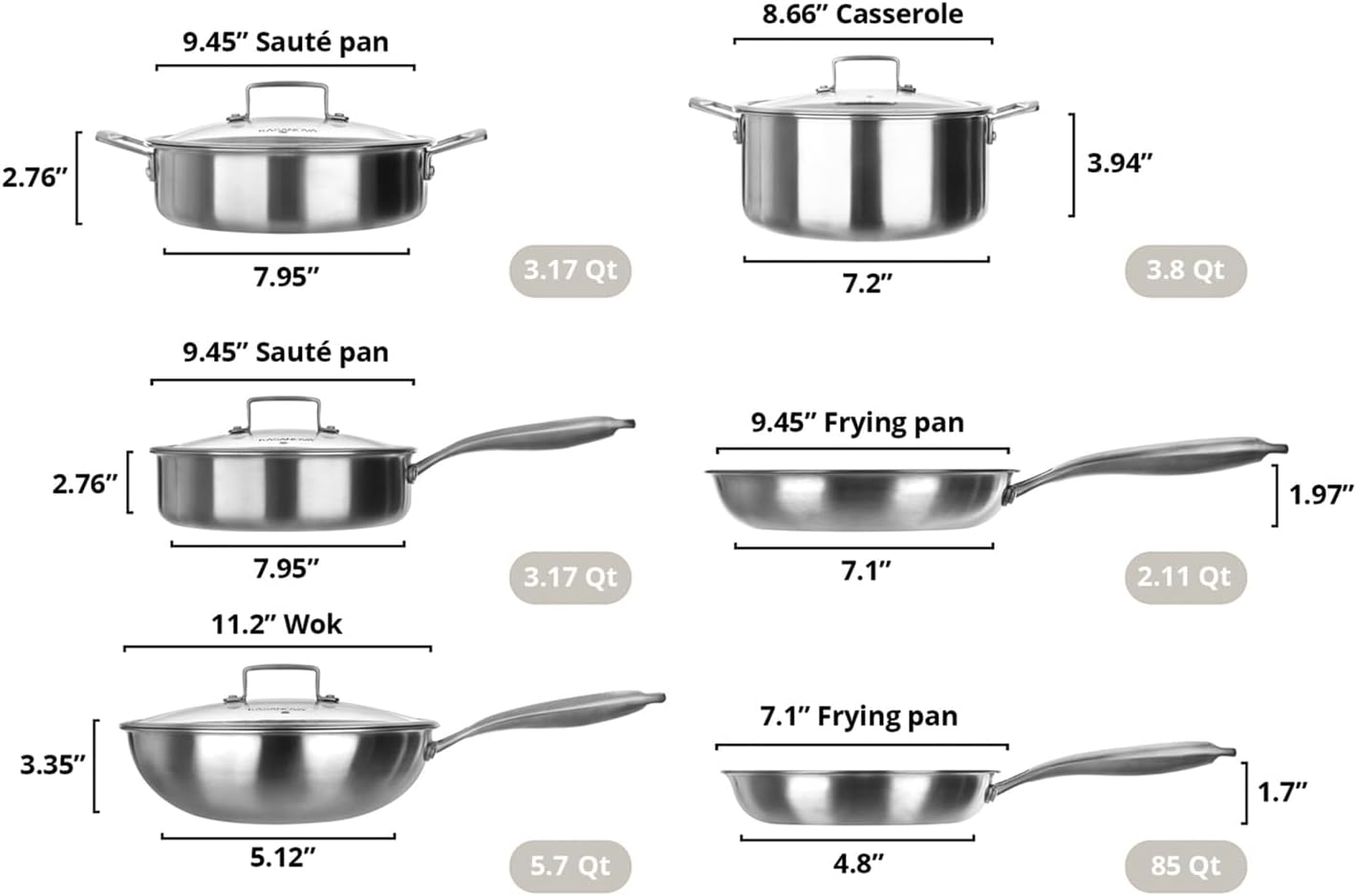 10-piece Tri-Ply Stainless steel cookware set, Professional-grade Tri-Ply construction, Metal utensil safe, Induction pots and pans set, oven-safe 428°F