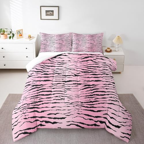 Image of Feelyou Kids Queen Pink Zebra Comforter Queen Size, Zebra Stripes Comforter Set for Boys Girls Pink Black Bedding Set Zoo Animal Fur Print Duvet Set Microfiber Bed Set