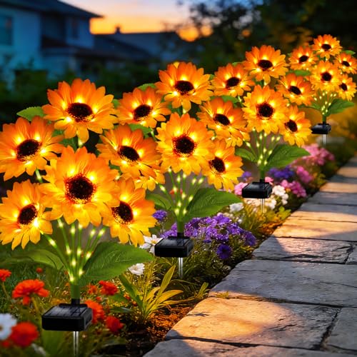 Solar Garden Lights Outdoor 4 Pack Solar Sunflower Lights with 18 Head 3.5 Inch Flowers Waterproof Flowers Light Fall Decor Auto ON/Off for Garden Yard Patio Backyard Gifts for Mom Women