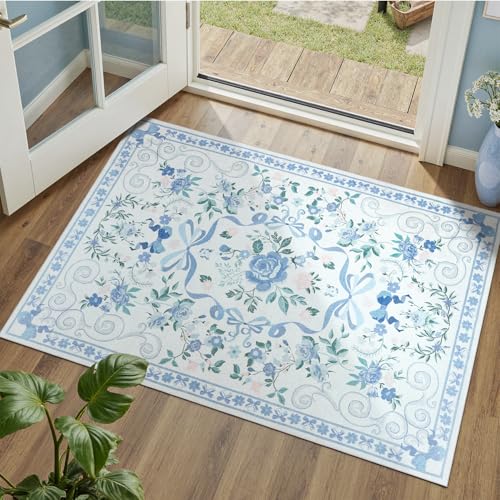 DCX Black Floral Rug 2x3, Washable Black Rug for Living Room, Kid & Pet Friendly with Rubber Back Non Slip, Soft Low Pile Carpet, Stain Resistant Rug