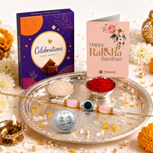 Image of Frostick Rakhi Combo for Brother with 1 Evil Eye Rakhis, Chocolates Roli Chawal Greeting Card and Gift Box Ideal for Raksha Bandhan Festival Gifting