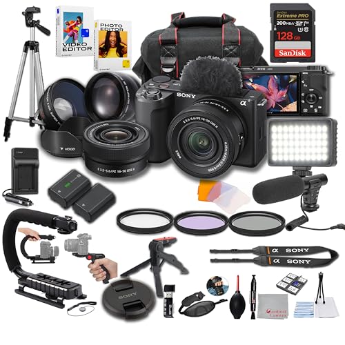 Sony ZV-E10 II + 16-50mm Lens, LED Light, Microphone, 128GB Extreme Speed, U-Grip, Filters, Tripod, Case, Software, & More – Pro Video Bundle (35pc)
