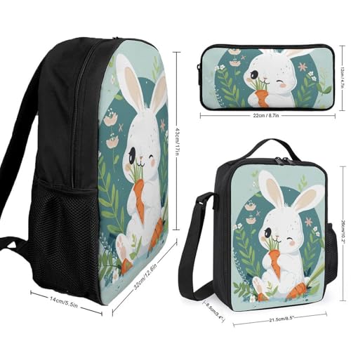 3 Piece Backpack for Women Men Lightweight Causal Daypack Shoulder Bag Set with Insulated Lunch Bag And Pencil Case Organizers Cute Rabbit And Carrot2