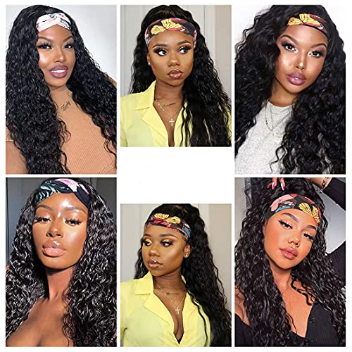 Image of XSY Headband Wig Human Hair Deep Wave Glueless None Lace Front Wig Deep Curly Headband Wig Wear and Go Wigs for Black Women Brazilian Virgin Hair 150% Density Natural Color 8 Inch