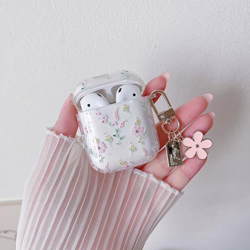 Image of MINSCOSE Compatible with AirPods 1&2 Clear Case, Cute Cartoon Flower Pattern Design with Aesthetic Floral Keychain Soft TPU Protective Shockproof Cover for AirPods 1&2 for Women Girls-Pink