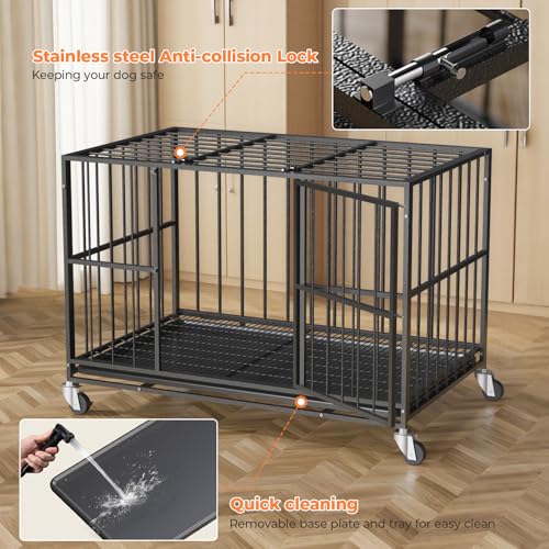 48 Inch Heavy Duty Dog Crate Steel Escape Proof, Indoor Double Door High Anxiety Cage, Removable Tray, Large Dog Kennel with Wheels,XL XXL - Image 5