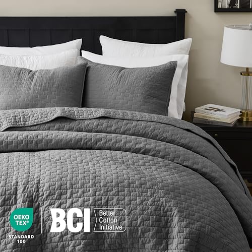 Image of palassio Dark Grey 100% Cotton Quilt King Size Bedding Sets with 2 Pillow Shams, Textured Lightweight Soft Bedspread Shabby Chic Coverlet, Quilted Comforter Bed Cover for All Season, 3 Pieces