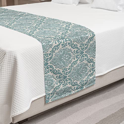 Ambesonne Damask Bed Runner, Botanical Theme Of Ivy Like Leaves Intricate Romantic Era Pattern, Decorative Accent Bedding Scarf For Hotels Homes And Guestrooms, Queen, Pale Teal #TOP7