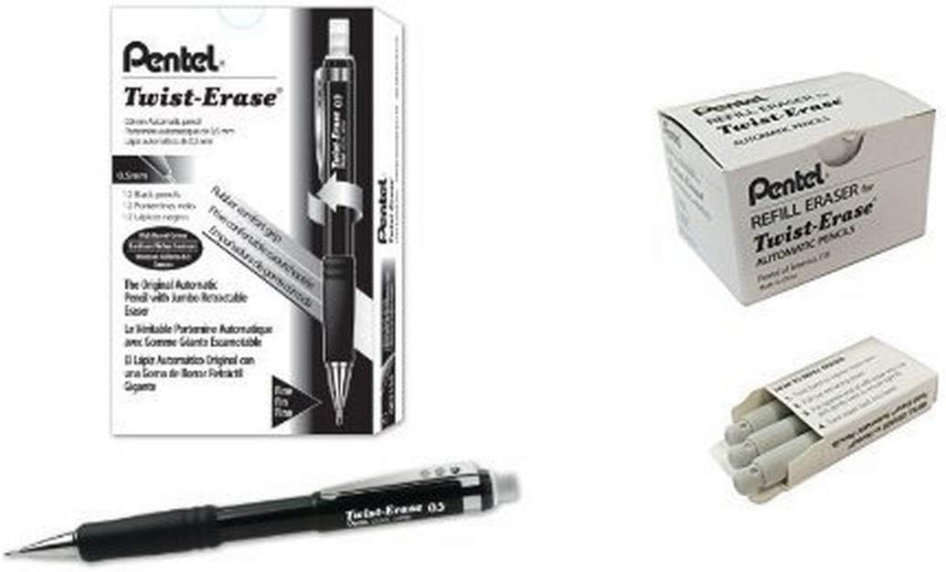 Pentel Twist-Erase III Mechanical Pencils (Pack of 12, 0.5mm) with Refill Erasers (Pack of 36) and Lead Refills (144 pieces)